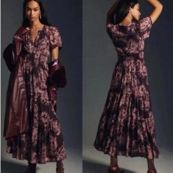 Anthropologie The Somerset Purple Chiffon Maxi Dress Women's Small Short Sleeve - Picture 1 of 16